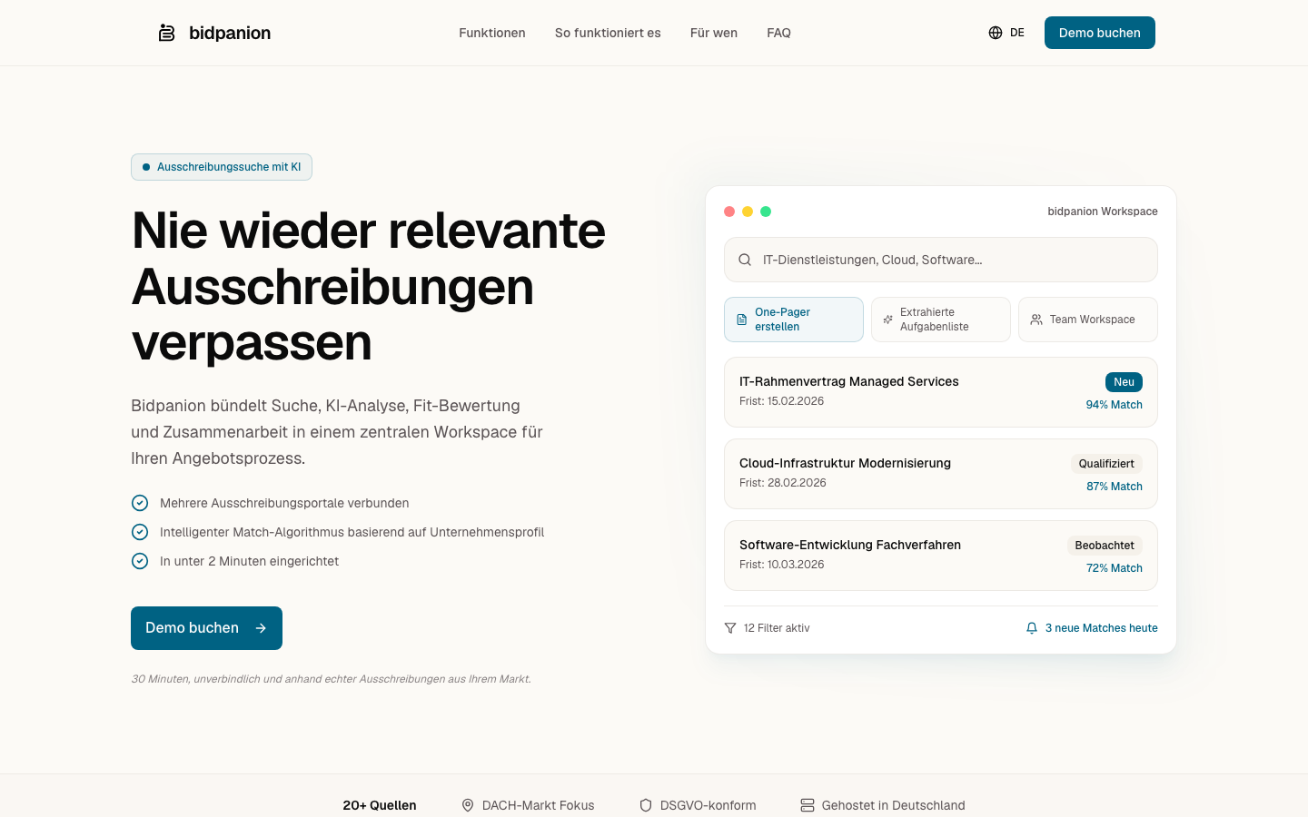 The Bidpanion homepage, showing tenders ranked by match score