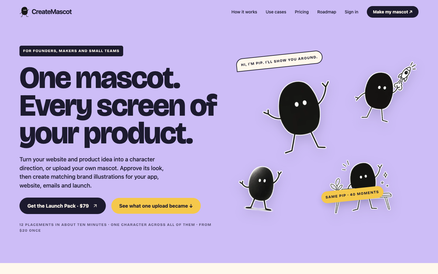 The CreateMascot homepage with the Pip mascot