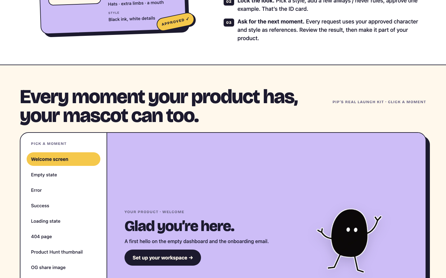 CreateMascot showing one mascot across a welcome screen and other product moments