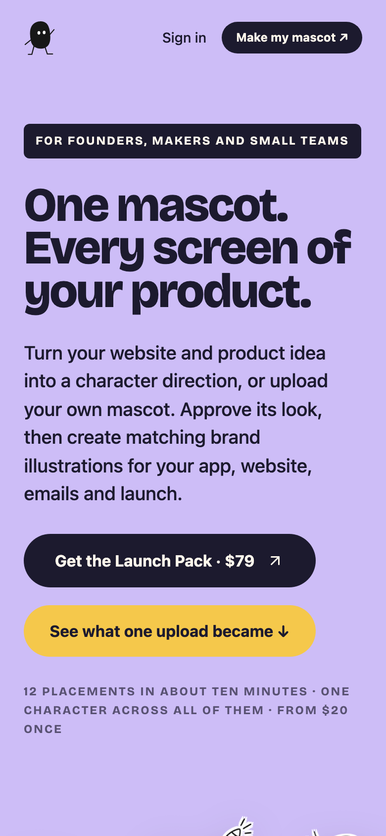 The CreateMascot homepage on a mobile phone
