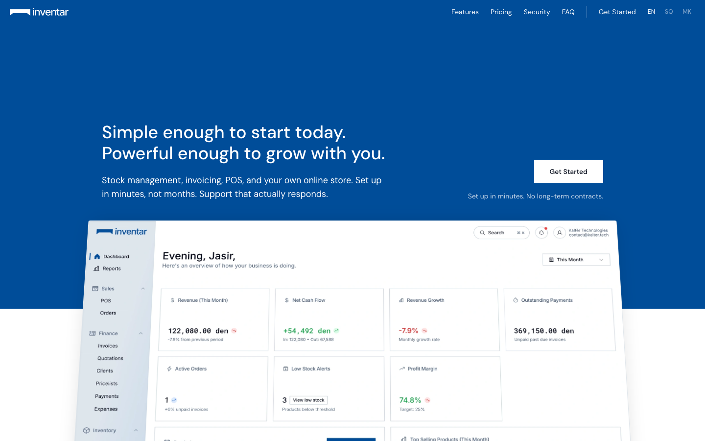 The Inventar homepage with the business dashboard