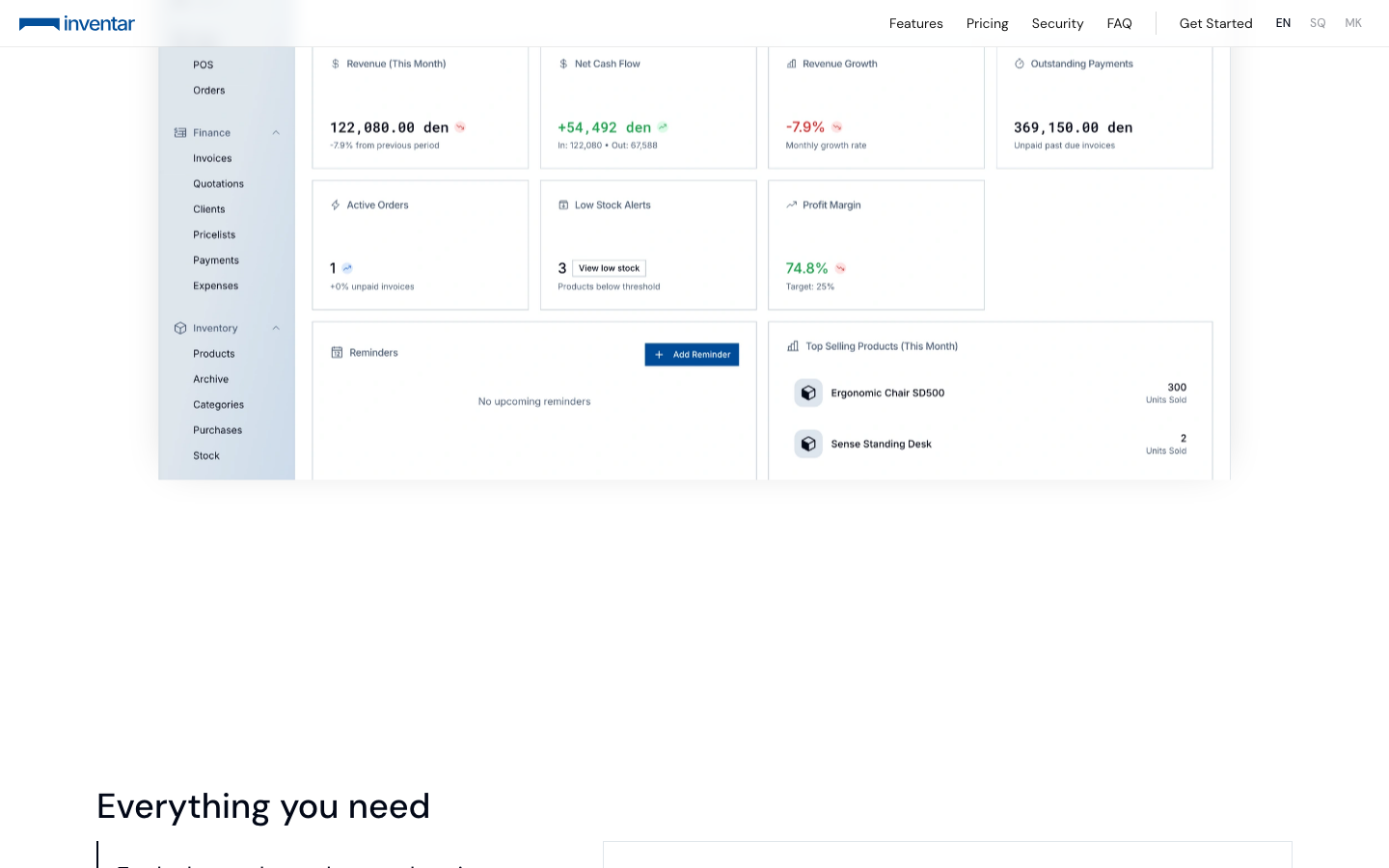 The Inventar dashboard showing revenue, cash flow and low-stock alerts