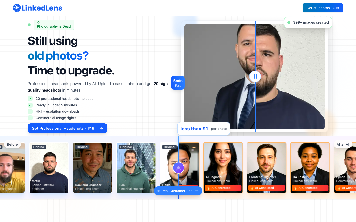 The Linked Lens homepage with before-and-after headshots