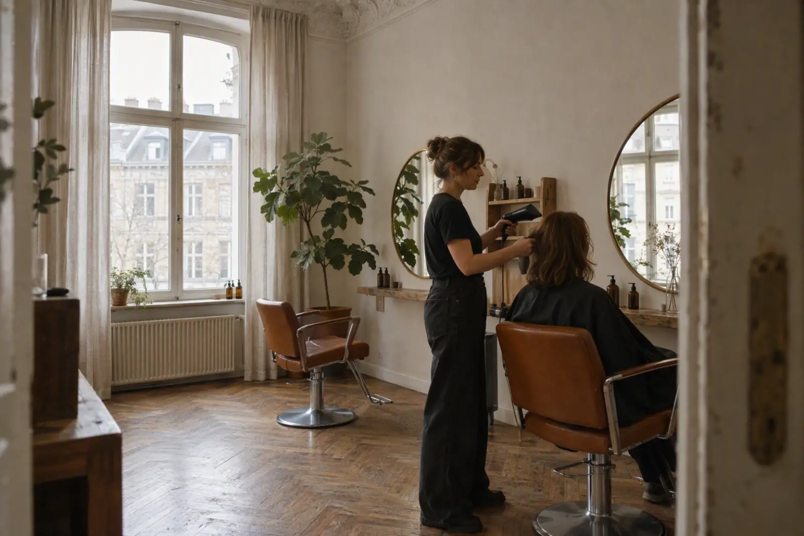 Blick in den Salon: Stylistin föhnt eine Kundin am Fenster
