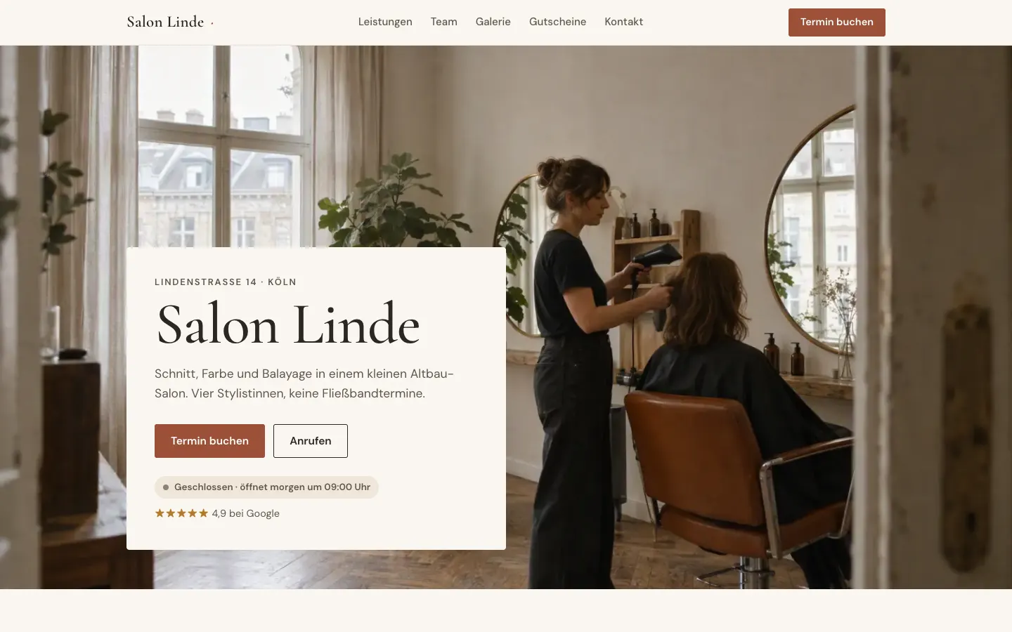 Screenshot der Demo-Salon-Website mit Leistungen und „Termin buchen“-Button