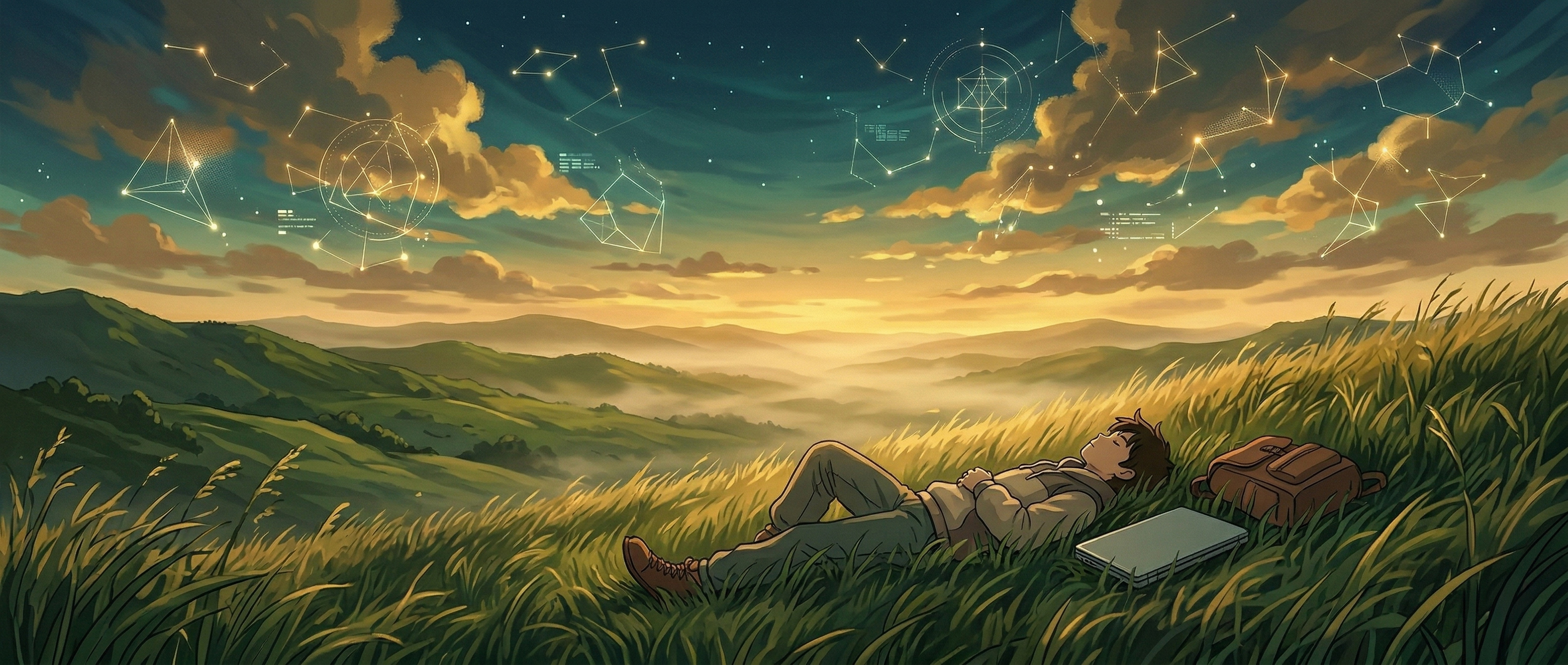 Illustration of a person resting in a green field with a laptop, geometric constellations in the sky