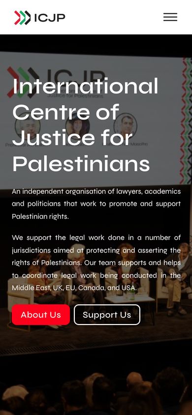 The ICJP homepage on a mobile phone